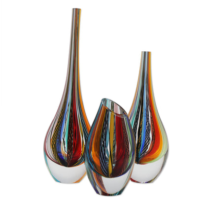 Carnival Color Fantasy 3 Collectible Handblown Murano Inspired Art Glass Vases