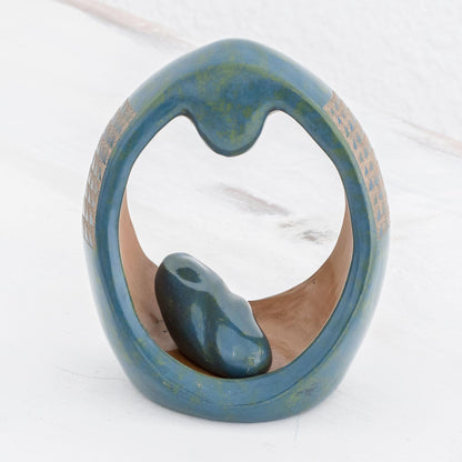 Madre Abstract Teal Ceramic Mother and Child Sculpture from Peru