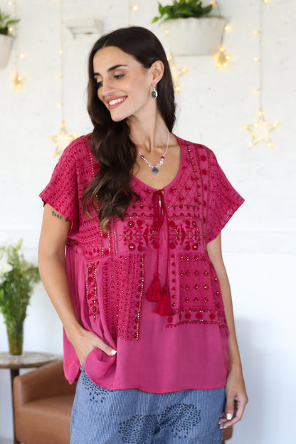 Wine Country Beaded and Embroidered Viscose Blouse