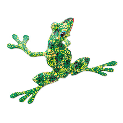 Green Tree Frog Handmade Wood Green Frog Alebrije Sculpture from Mexico