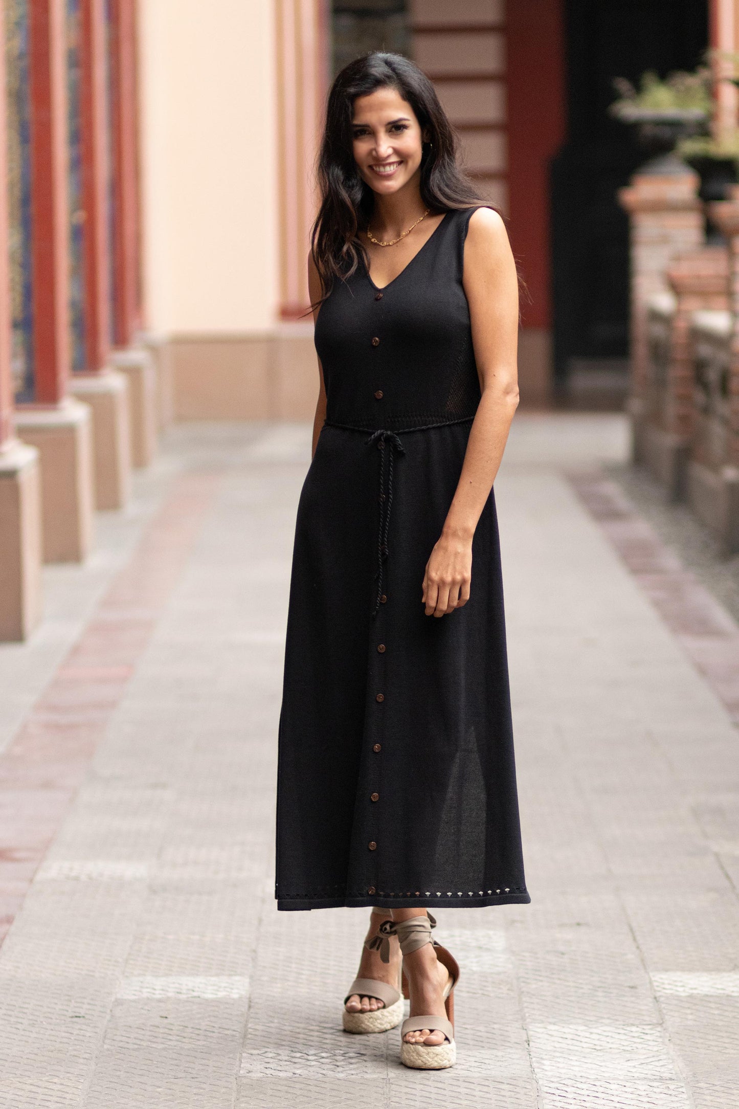 Toqo in Black Organic Cotton Buttoned Maxi Dress in Black from Peru