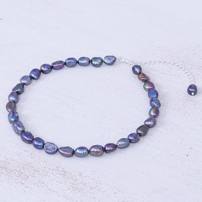 Mermaid Gem in Peacock Blue Cultured Pearl and Sterling Silver Choker Necklace