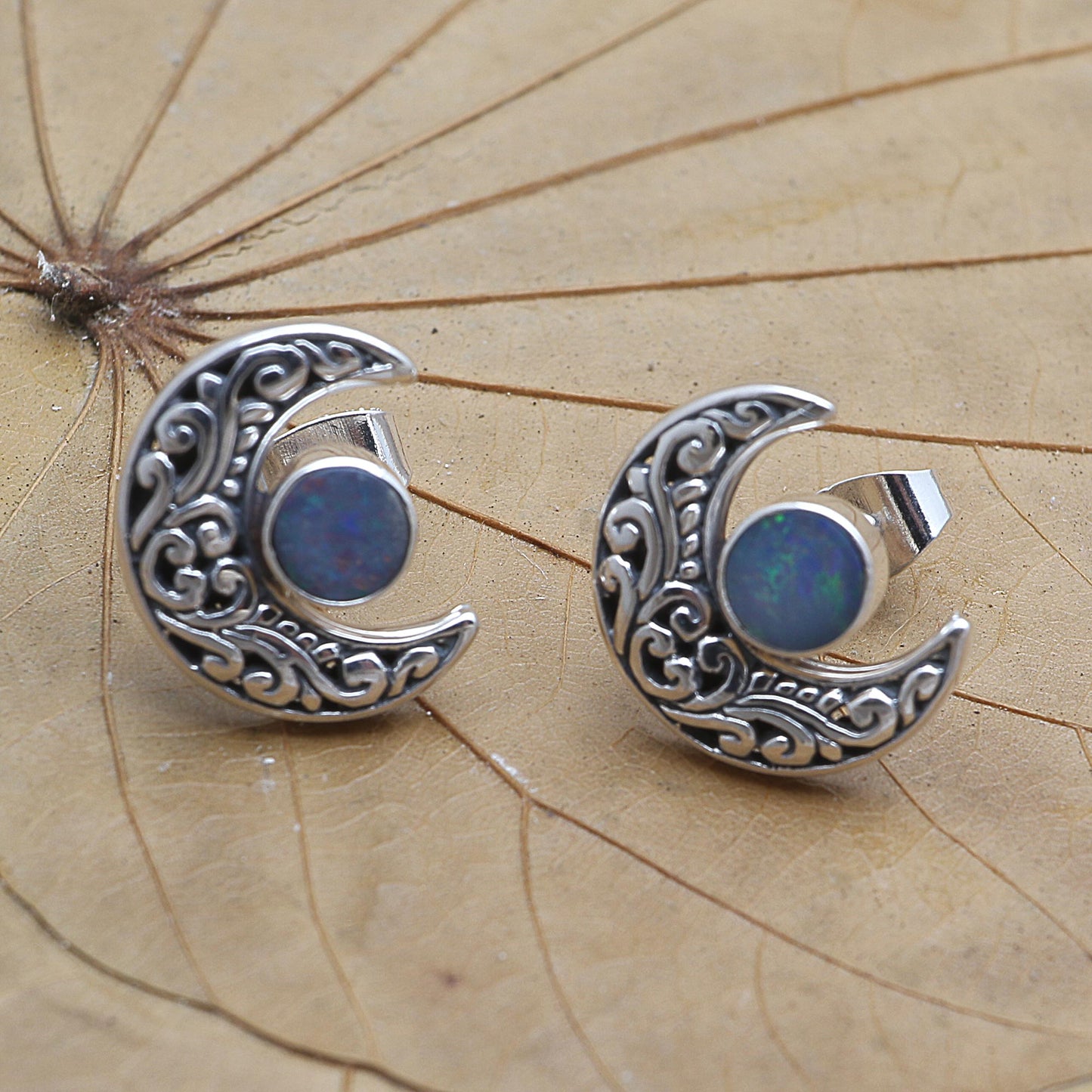 Embellished Moon Opal and Sterling Silver Crescent Moon Button Earrings