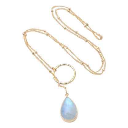 Sky Blue Teardrop Gold-Plated Rainbow Moonstone Pendant Necklace