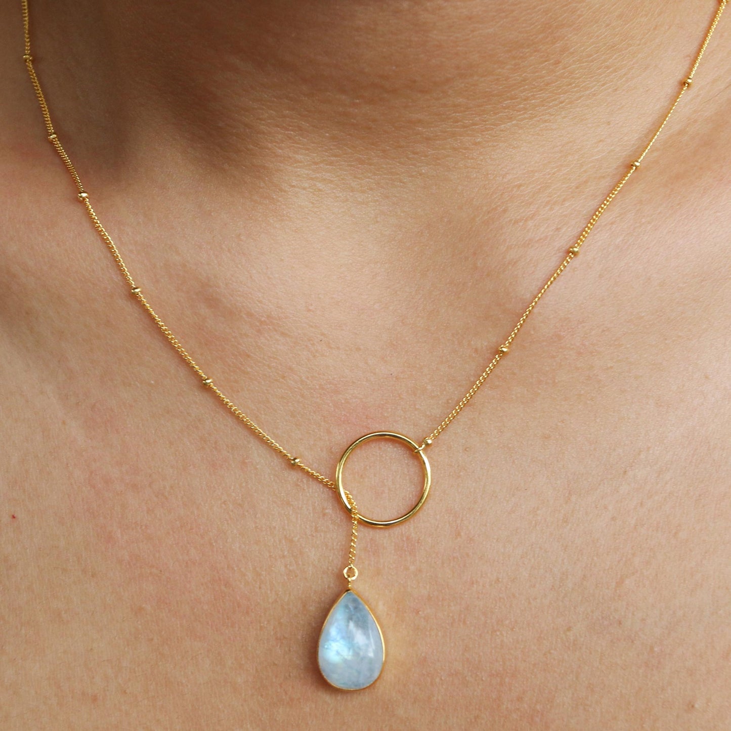 Sky Blue Teardrop Gold-Plated Rainbow Moonstone Pendant Necklace