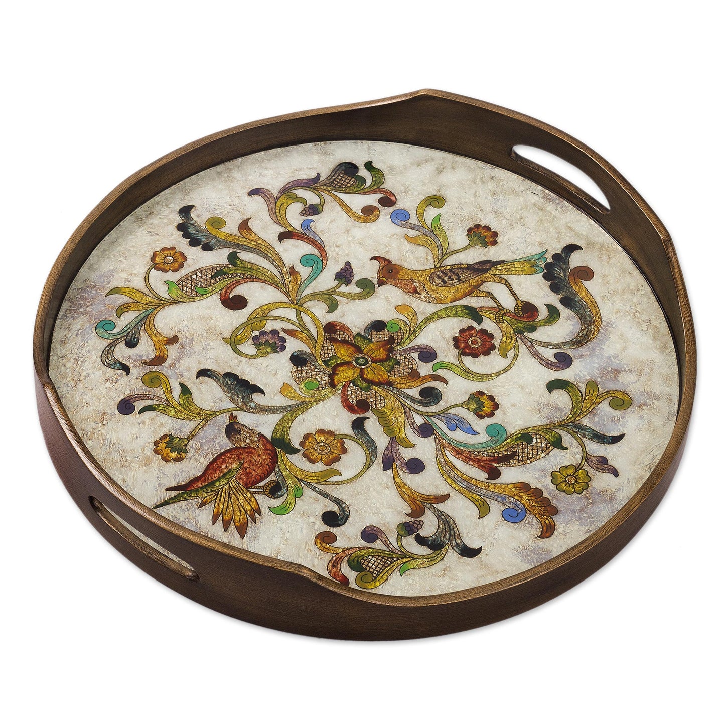 Birds of Dawn Hand Painted Glass Tray from Peru