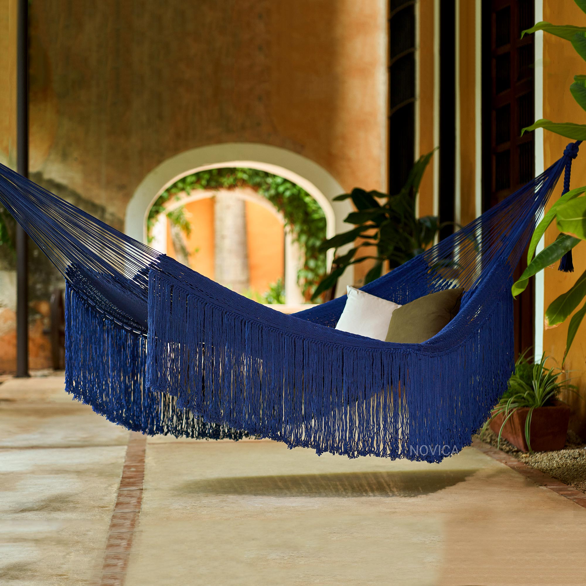 NOVICA Yucatan Dreams Fringed Navy Cotton Rope Hammock (Double) From