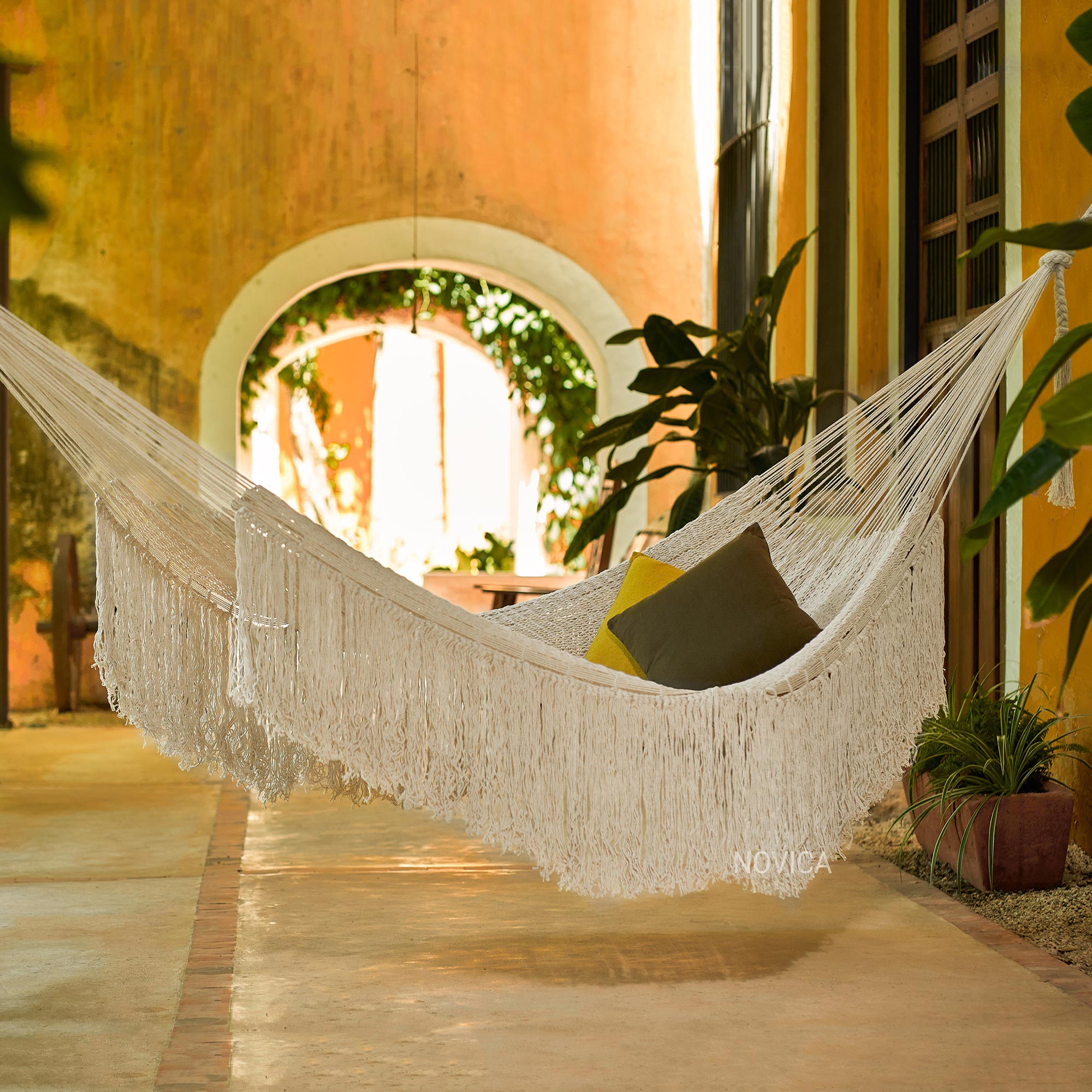 NOVICA Ivory Cascade Hand Woven Ivory Rope Hammock (Triple) | GreaterGood