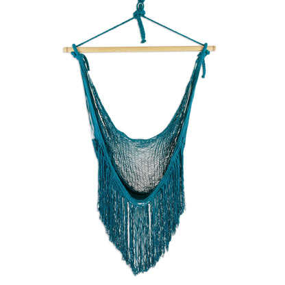 Sea Breezes in Teal Fringed Teal Cotton Rope Mayan Hammock Swing from Mexico