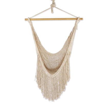 Sea Breezes in Ivory Ivory Fringed Cotton Rope Mayan Hammock Swing from Mexico