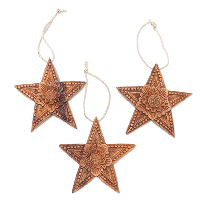 Sunny Christmas Hand Carved Star-Shaped Holiday Ornaments (Set of 3