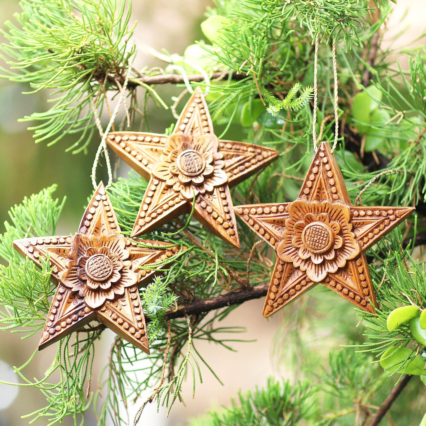 Sunny Christmas Hand Carved Star-Shaped Holiday Ornaments (Set of 3