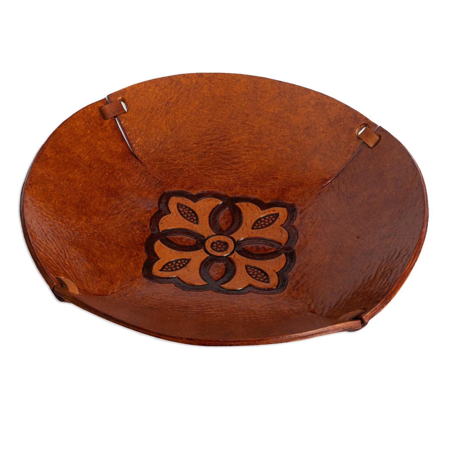 Colonial Florals Brown Hand Tooled Leather Catchall Plate from Peru