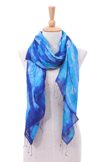 Summer Ocean Batik Printed Blue Silk Scarf