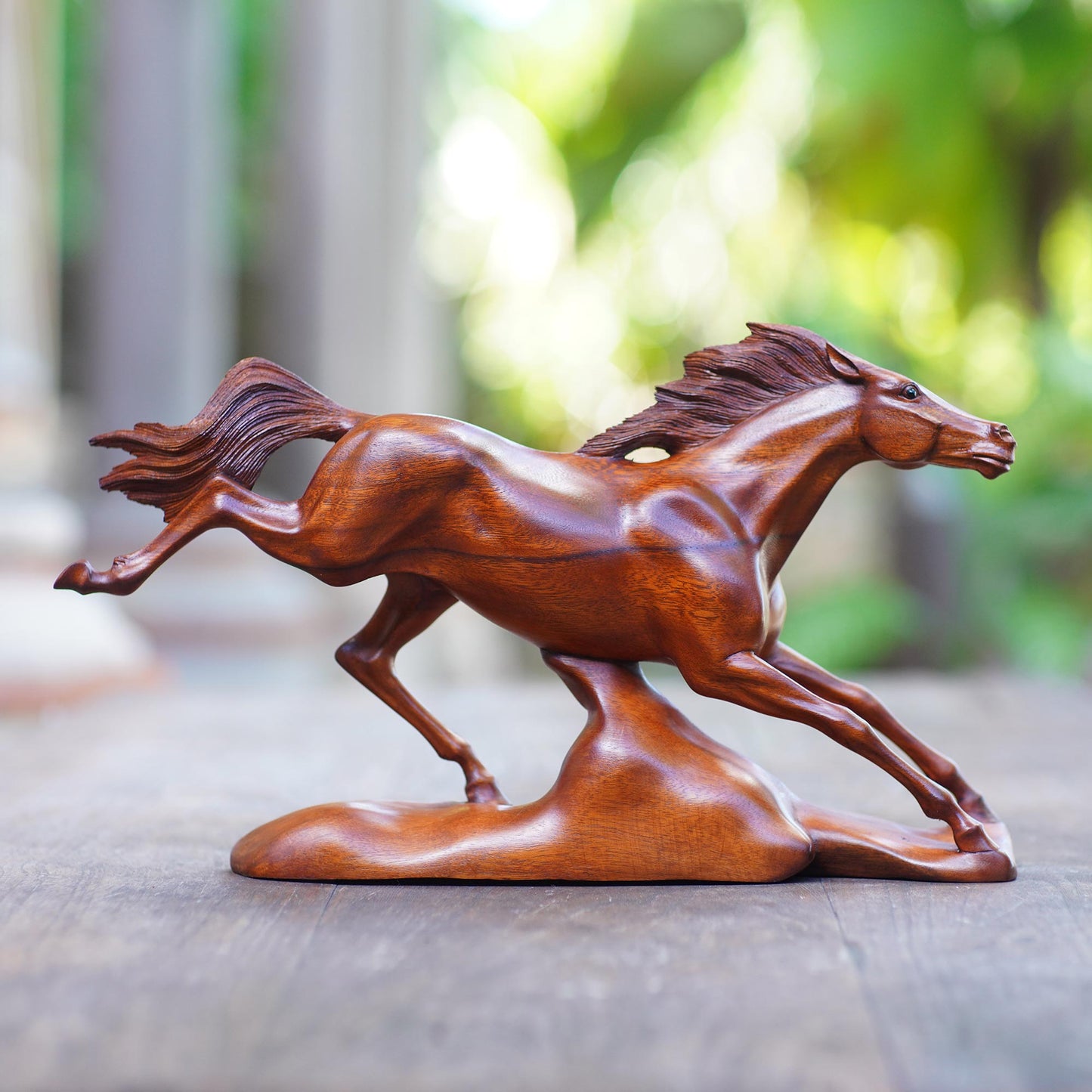 Fleet Footed Handmade Suar Wood Horse Sculpture