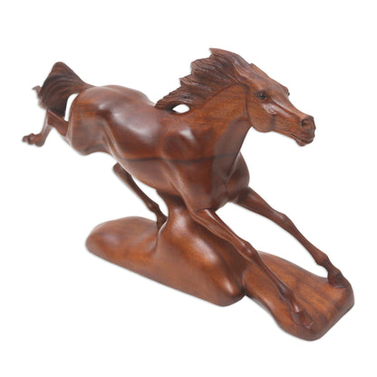 Fleet Footed Handmade Suar Wood Horse Sculpture