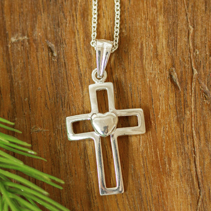 Cross and Heart Sterling Silver Heart Pendant Necklace from Mexico