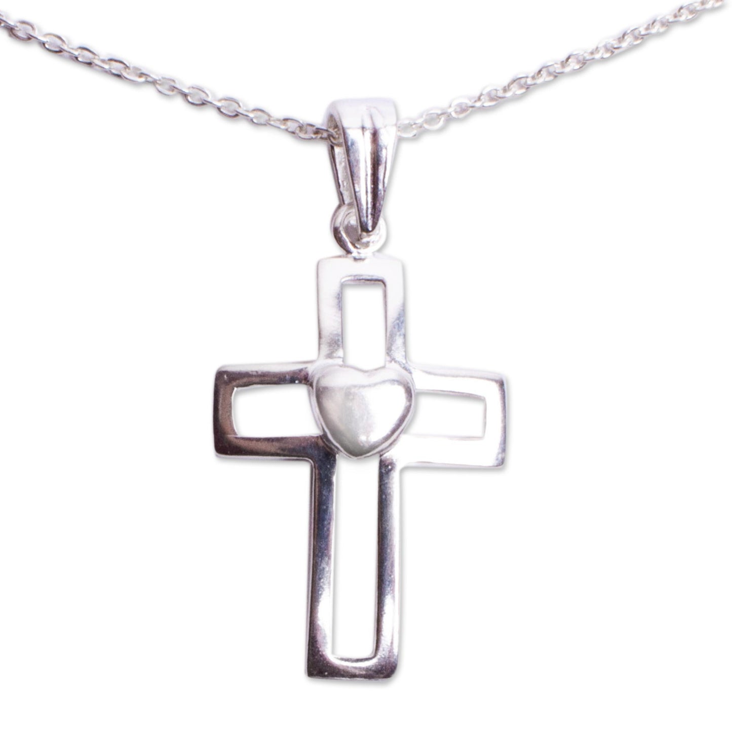 Cross and Heart Sterling Silver Heart Pendant Necklace from Mexico