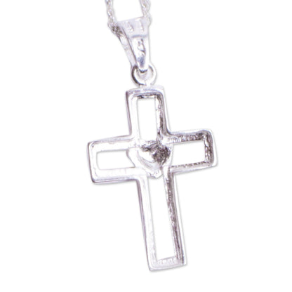 Cross and Heart Sterling Silver Heart Pendant Necklace from Mexico