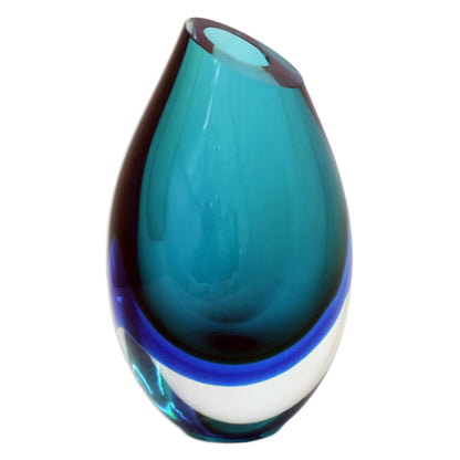 Ocean Sigh 9.5 inch Turquoise Murano Inspired Handblown Art Glass Vase