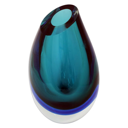 Ocean Sigh 9.5 inch Turquoise Murano Inspired Handblown Art Glass Vase