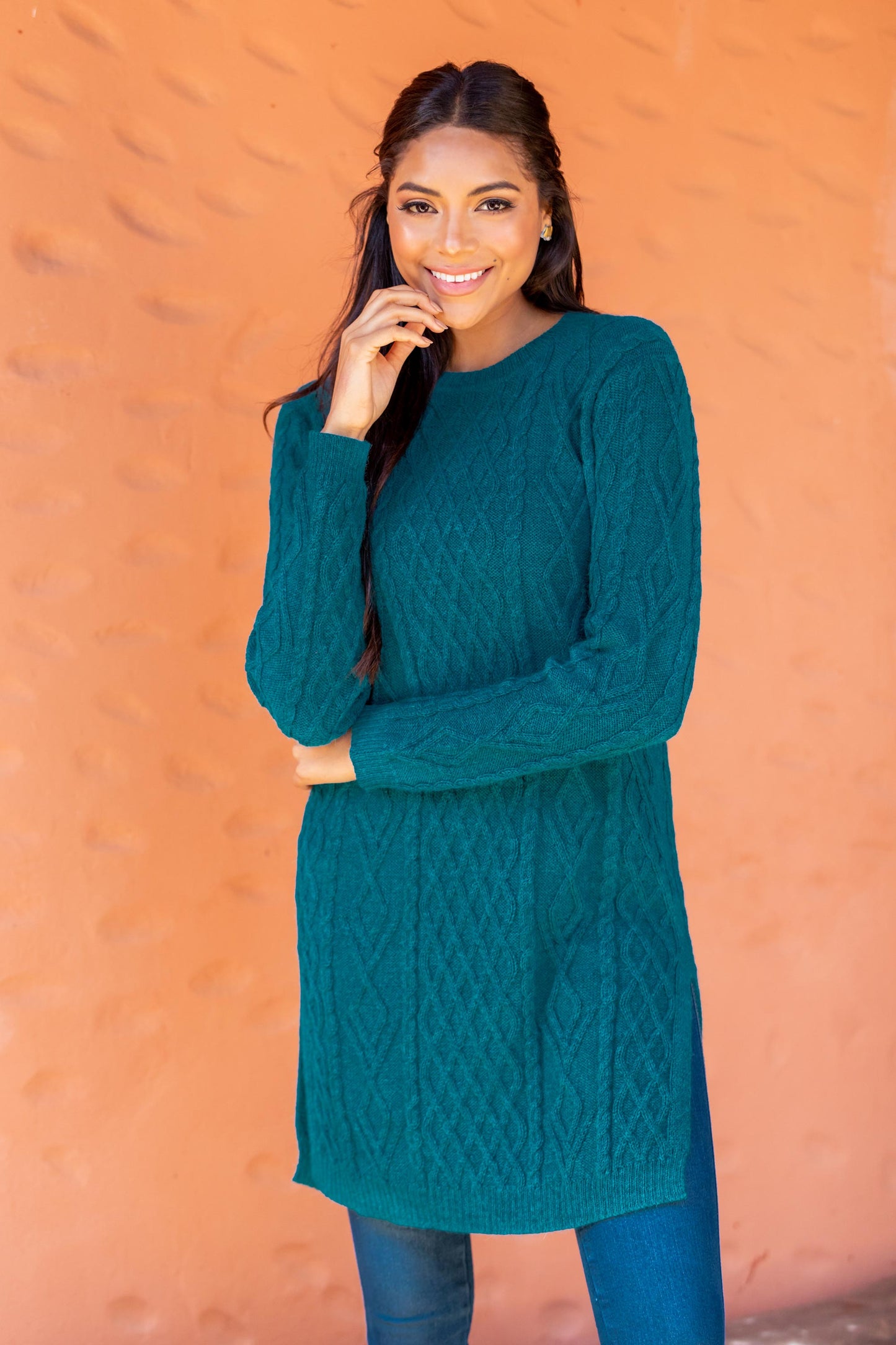 NOVICA Winter Teal Baby Alpaca Teal Cable Knit Tunic Sweater Dress | GreaterGood NOVICA Winter Teal Baby Alpaca Teal Cable Knit Tunic Sweater Dress | GreaterGood