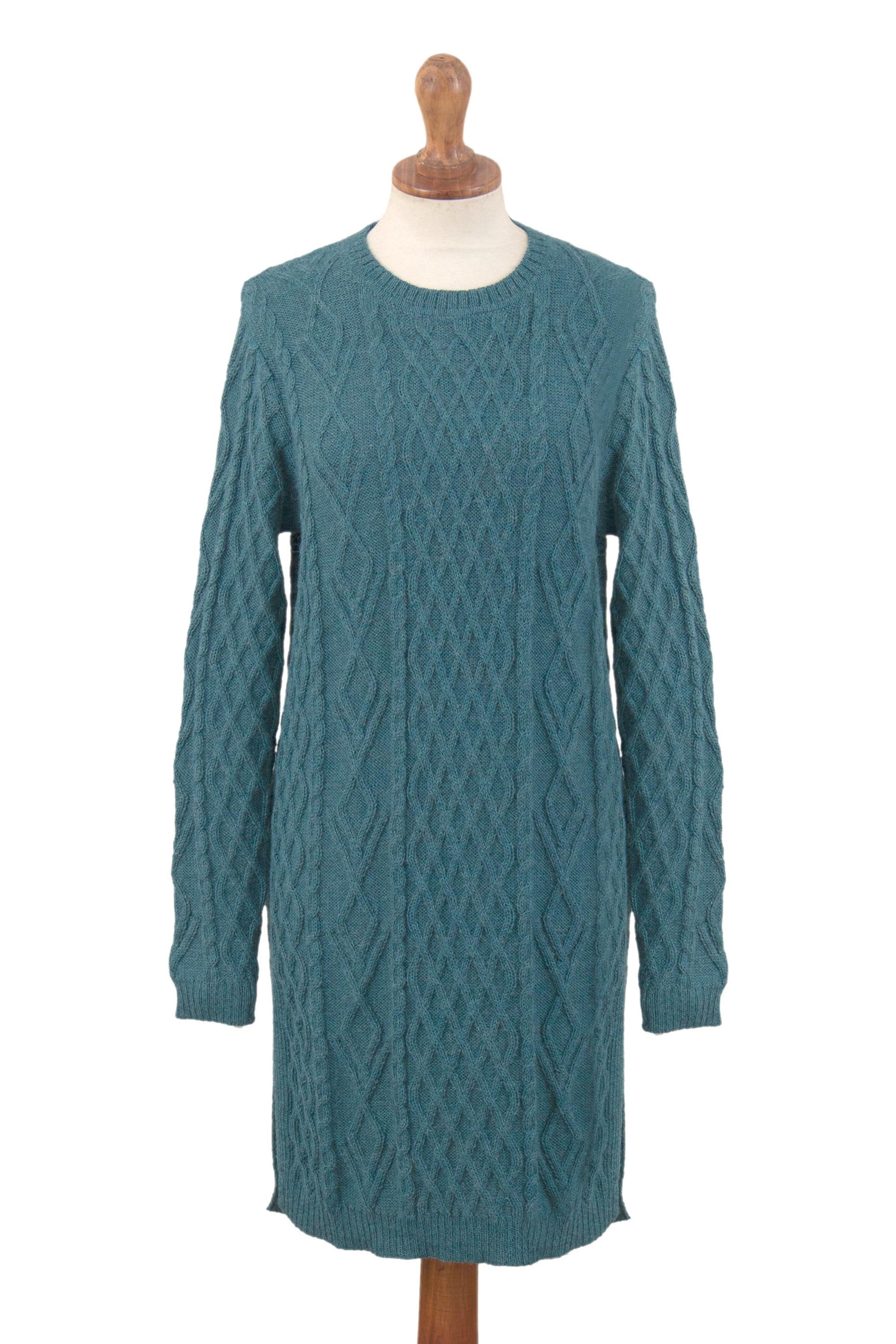 NOVICA Winter Teal Baby Alpaca Teal Cable Knit Tunic Sweater Dress | GreaterGood NOVICA Winter Teal Baby Alpaca Teal Cable Knit Tunic Sweater Dress | GreaterGood