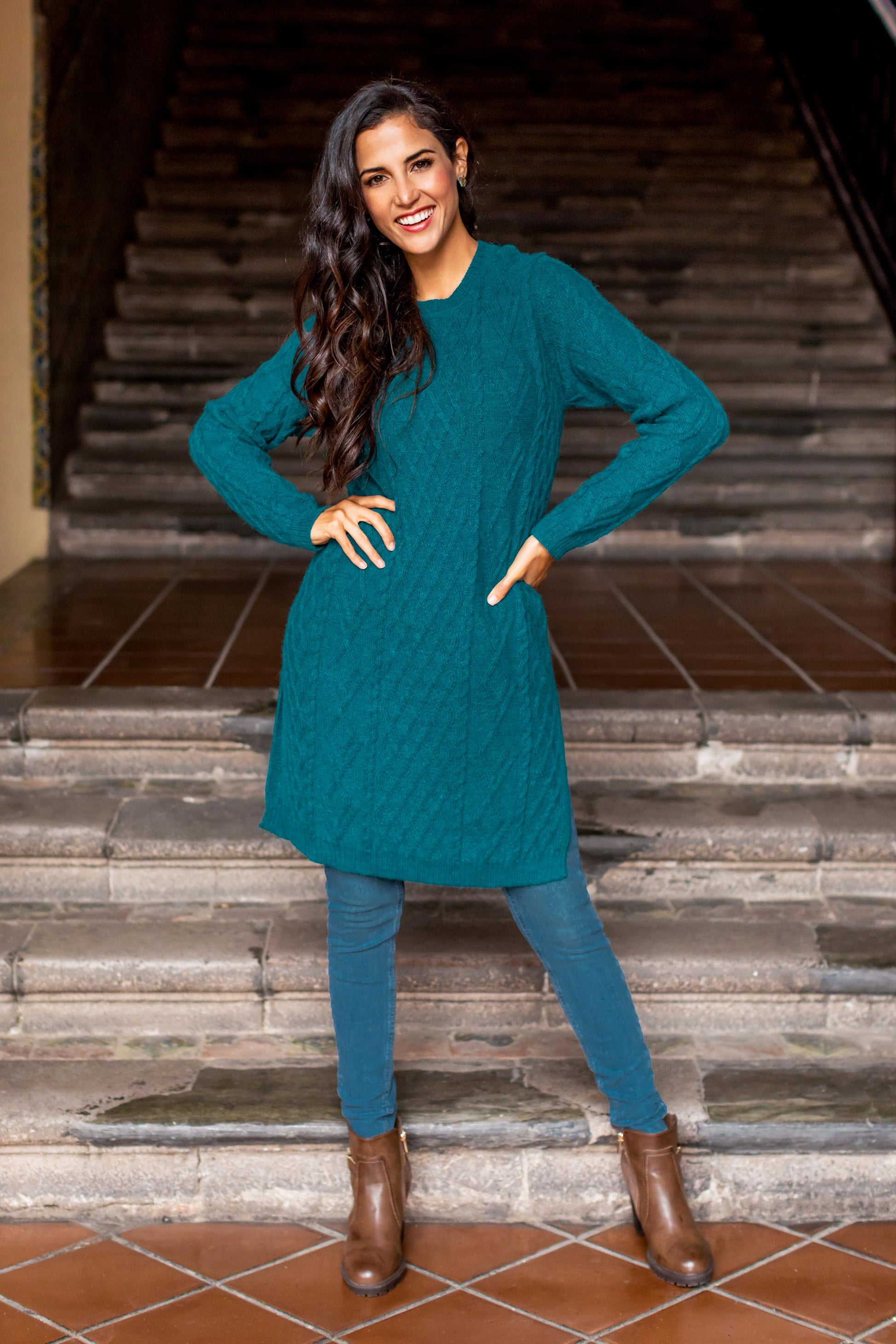 NOVICA Winter Teal Baby Alpaca Teal Cable Knit Tunic Sweater Dress | GreaterGood NOVICA Winter Teal Baby Alpaca Teal Cable Knit Tunic Sweater Dress | GreaterGood