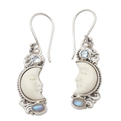 Blue Light Hand Crafted Blue Topaz and Rainbow Moonstone Earrings