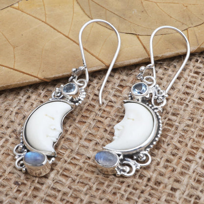 Blue Light Hand Crafted Blue Topaz and Rainbow Moonstone Earrings