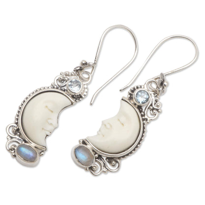 Blue Light Hand Crafted Blue Topaz and Rainbow Moonstone Earrings