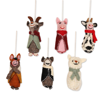Barnyard Bunch Embroidered Wool Animal Holiday Ornaments (Set of 6)