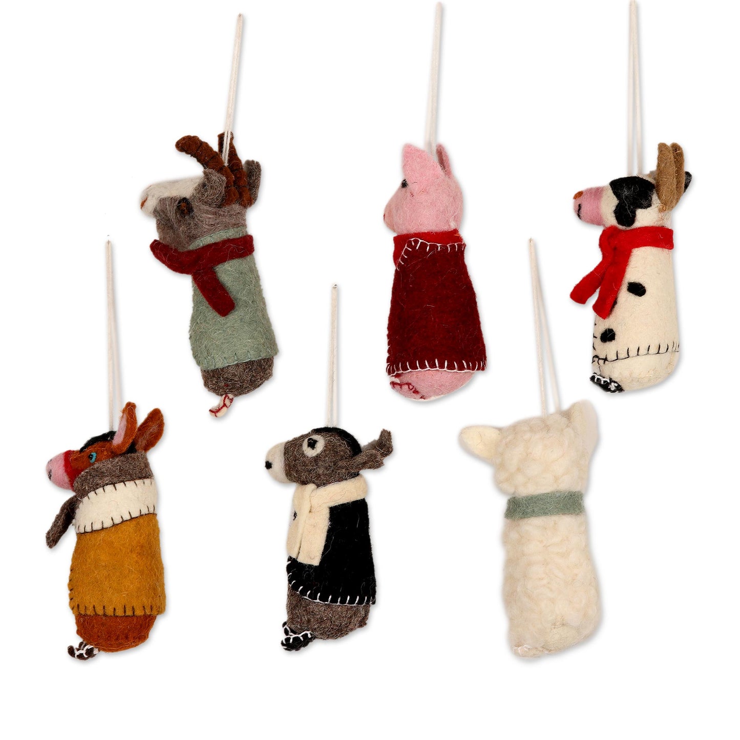 Barnyard Bunch Embroidered Wool Animal Holiday Ornaments (Set of 6)