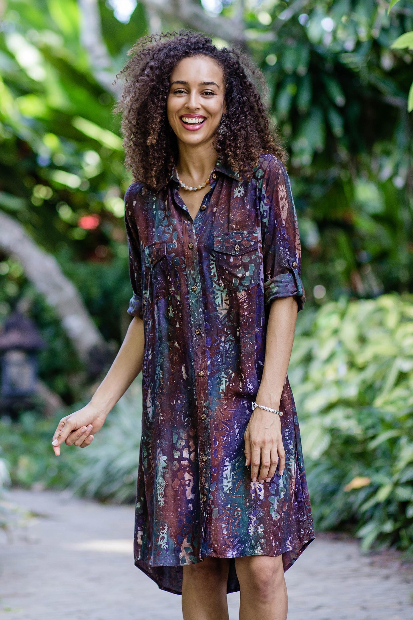 Chic Style Batik Rayon Collared Shirtdress from Bali