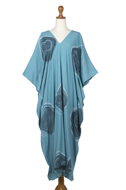 Floating Blue Hand-Painted Rayon Caftan from Bali