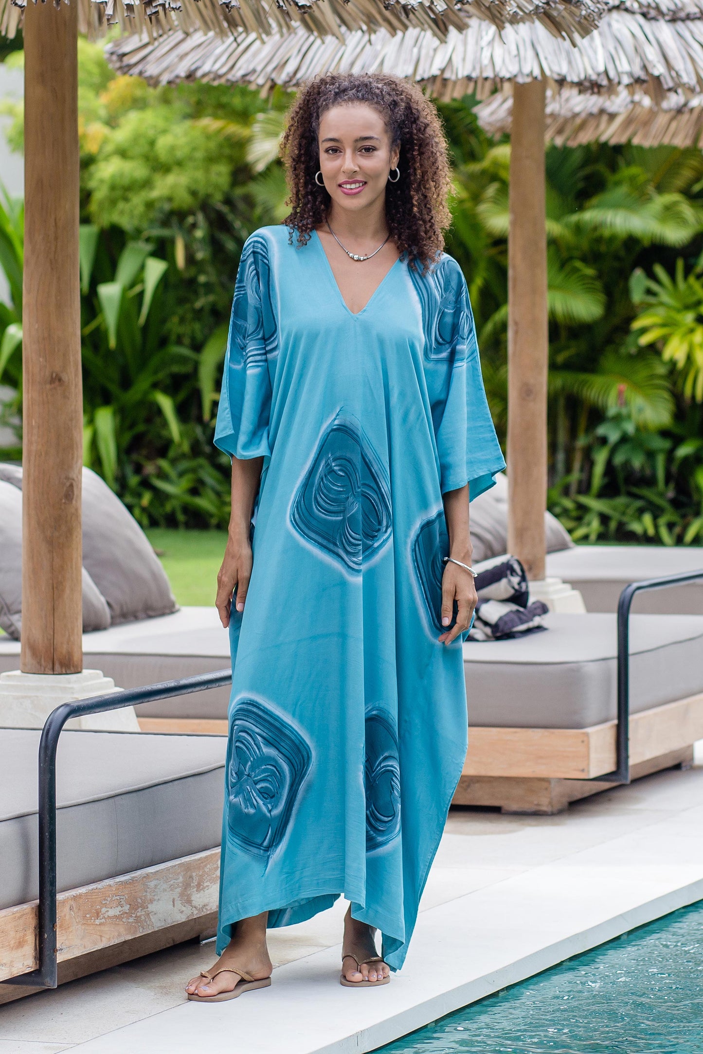 Floating Blue Hand-Painted Rayon Caftan from Bali