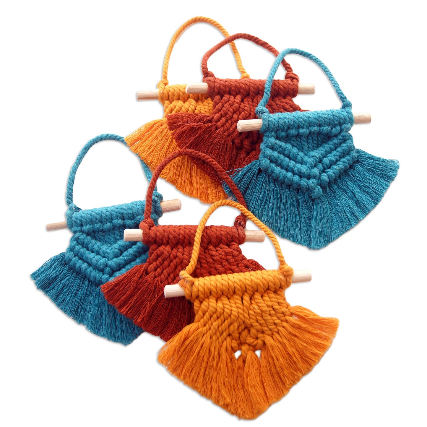 Boho Christmas Hand Woven Colorful Cotton Holiday Ornaments (Set of 6)