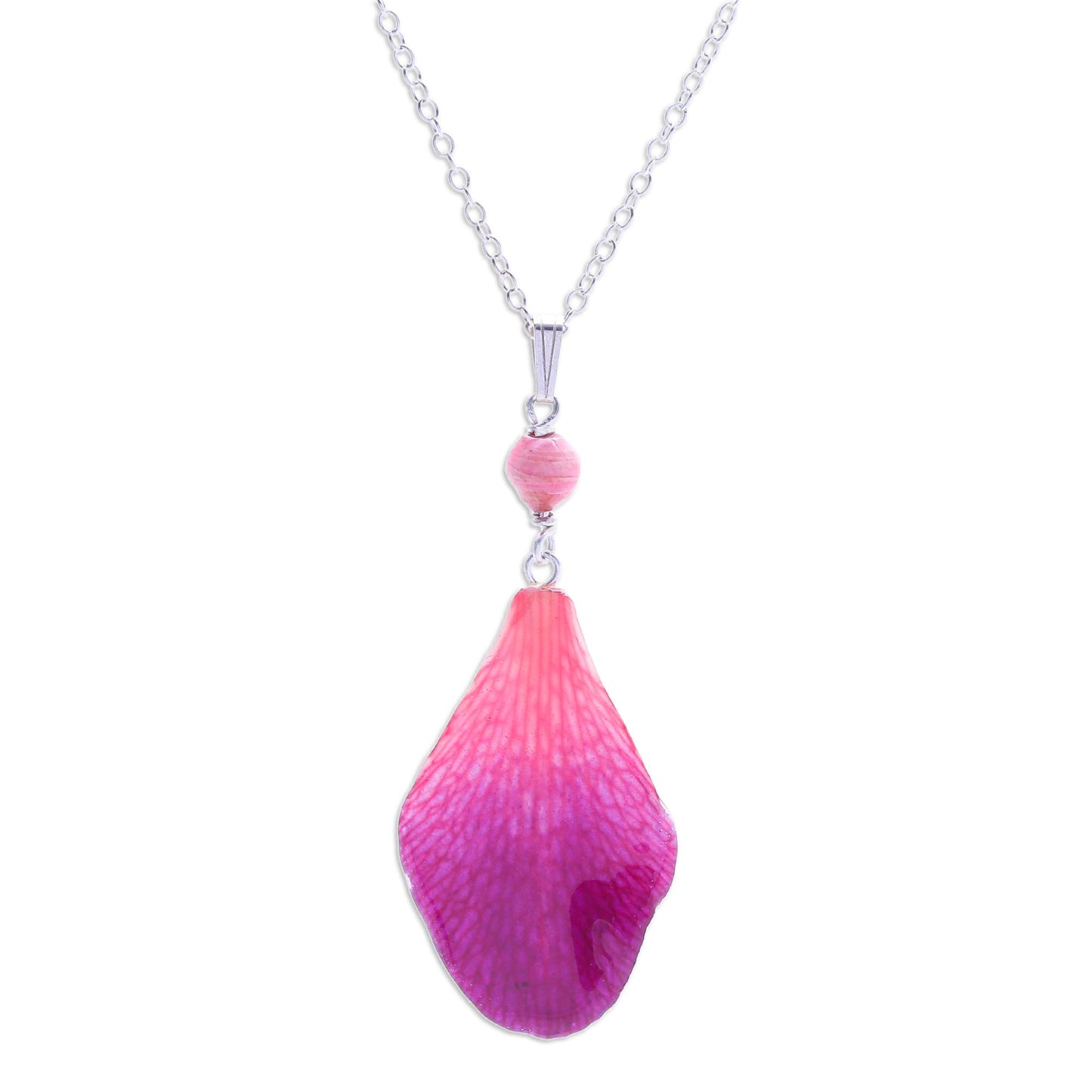 Bloom Basket in Fuchsia Resin-Coated Orchid Petal Pendant Necklace