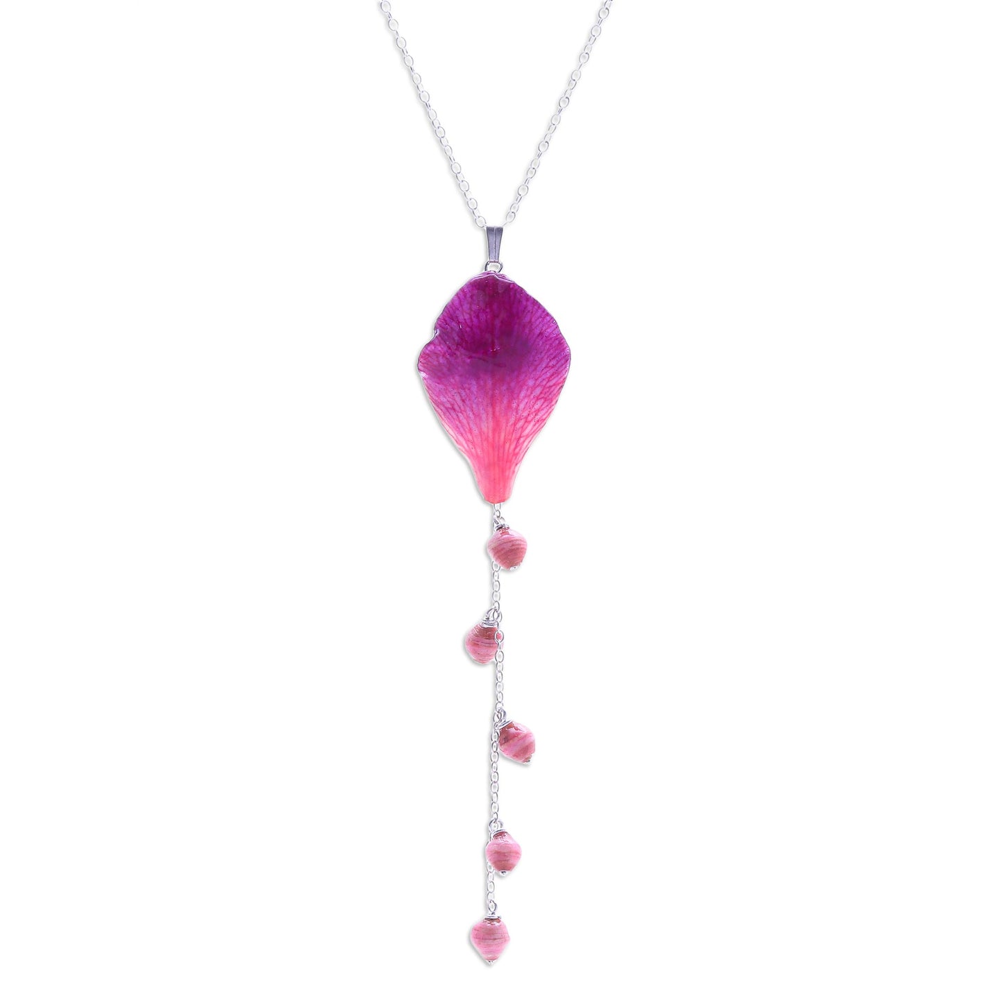 Bloom Balloon in Fuchsia Sterling Silver and Orchid Petal Pendant Necklace