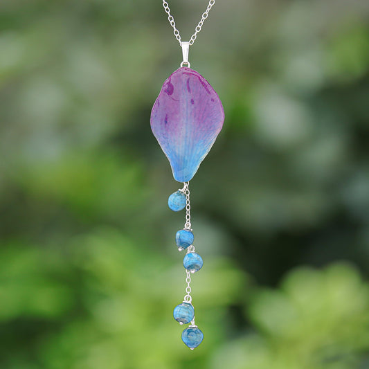 Bloom Balloon in Blue Artisan Crafted Orchid Petal Pendant Necklace