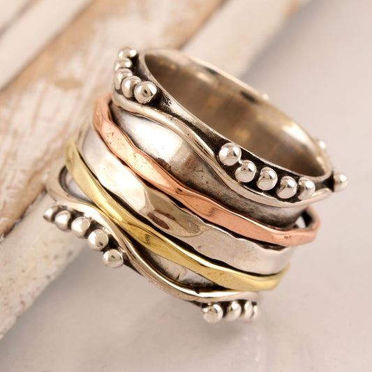 Dotted Glory Sterling Silver and Copper Meditation Spinner Ring