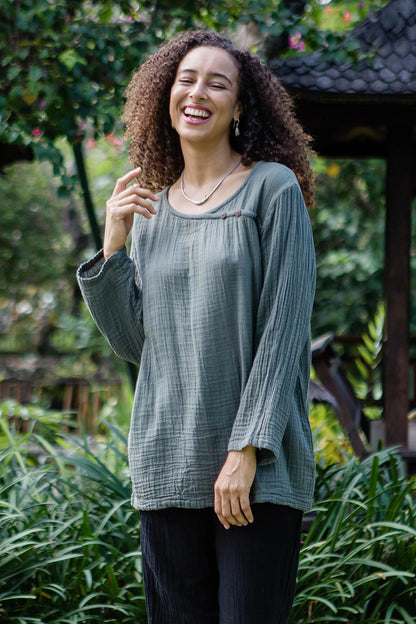 Modern Look in Grey Sage Grey Cotton Double Gauze Blouse