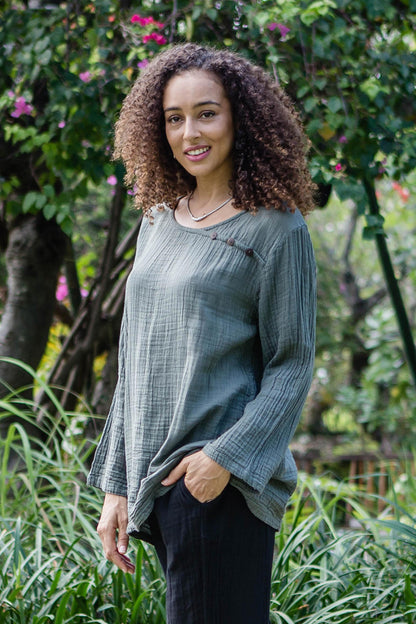 Modern Look in Grey Sage Grey Cotton Double Gauze Blouse