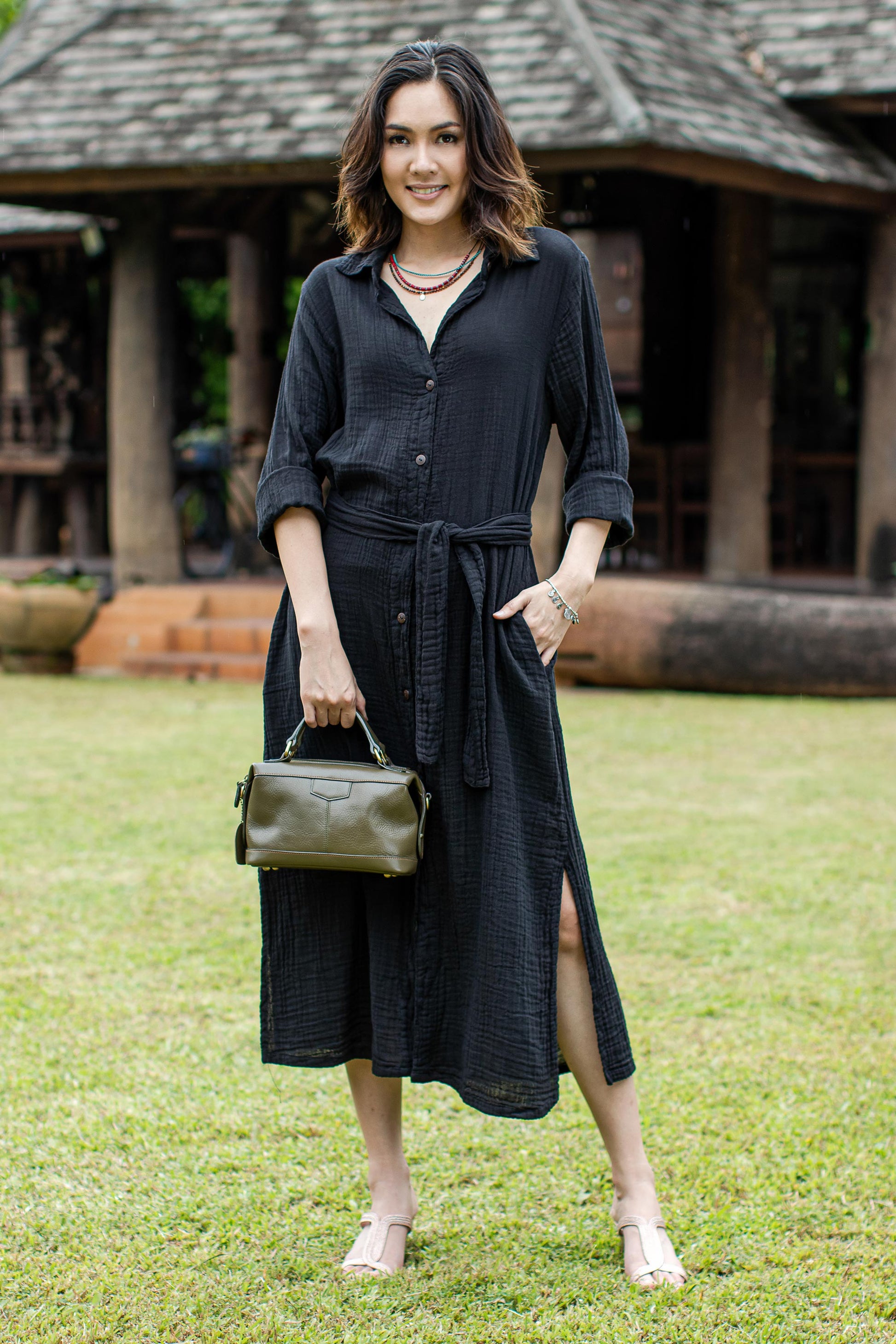 maxi shirtwaist dress Short-Sleeved Classic Red Carline Rose Liberty Fabric belt sash. NOVICA Street Smarts in Black
