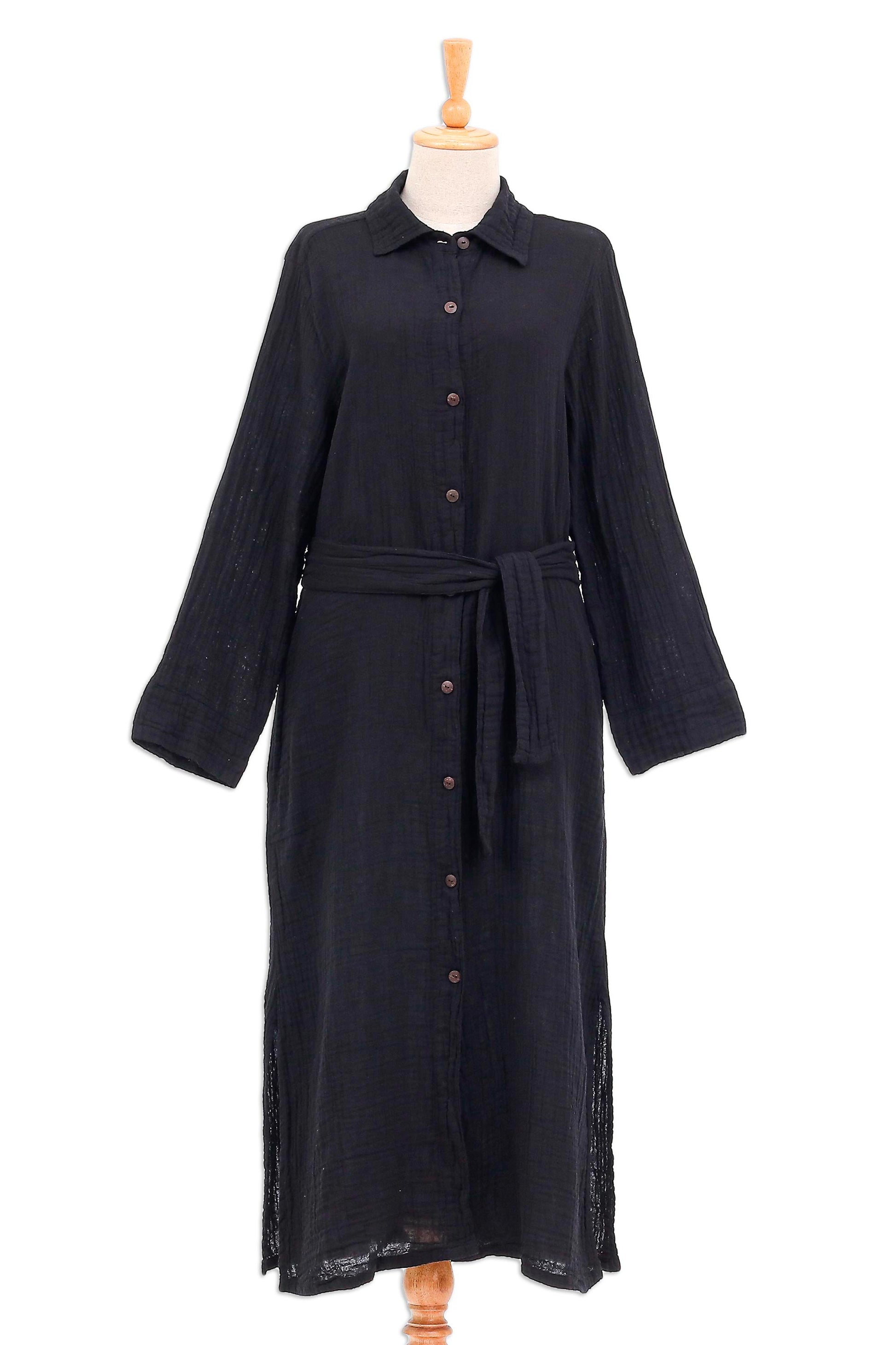 NOVICA Street Smarts in Black Black Belted Cotton Shirtwaist Dress from Thailand | GreaterGood NOVICA Street Smarts in Black Black Belted Cotton Shirtwaist Dress from Thailand | GreaterGood