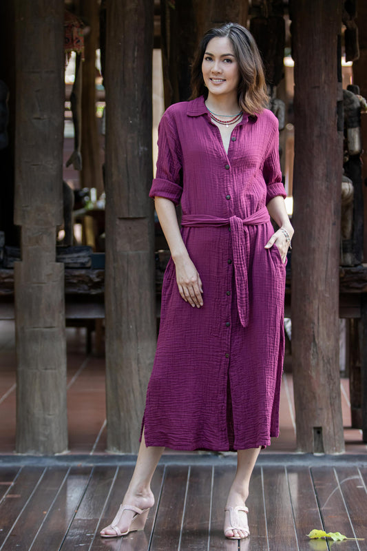 Street Smarts in Maroon Handmade Belted Cotton Shirtwaist Dress from Thailand