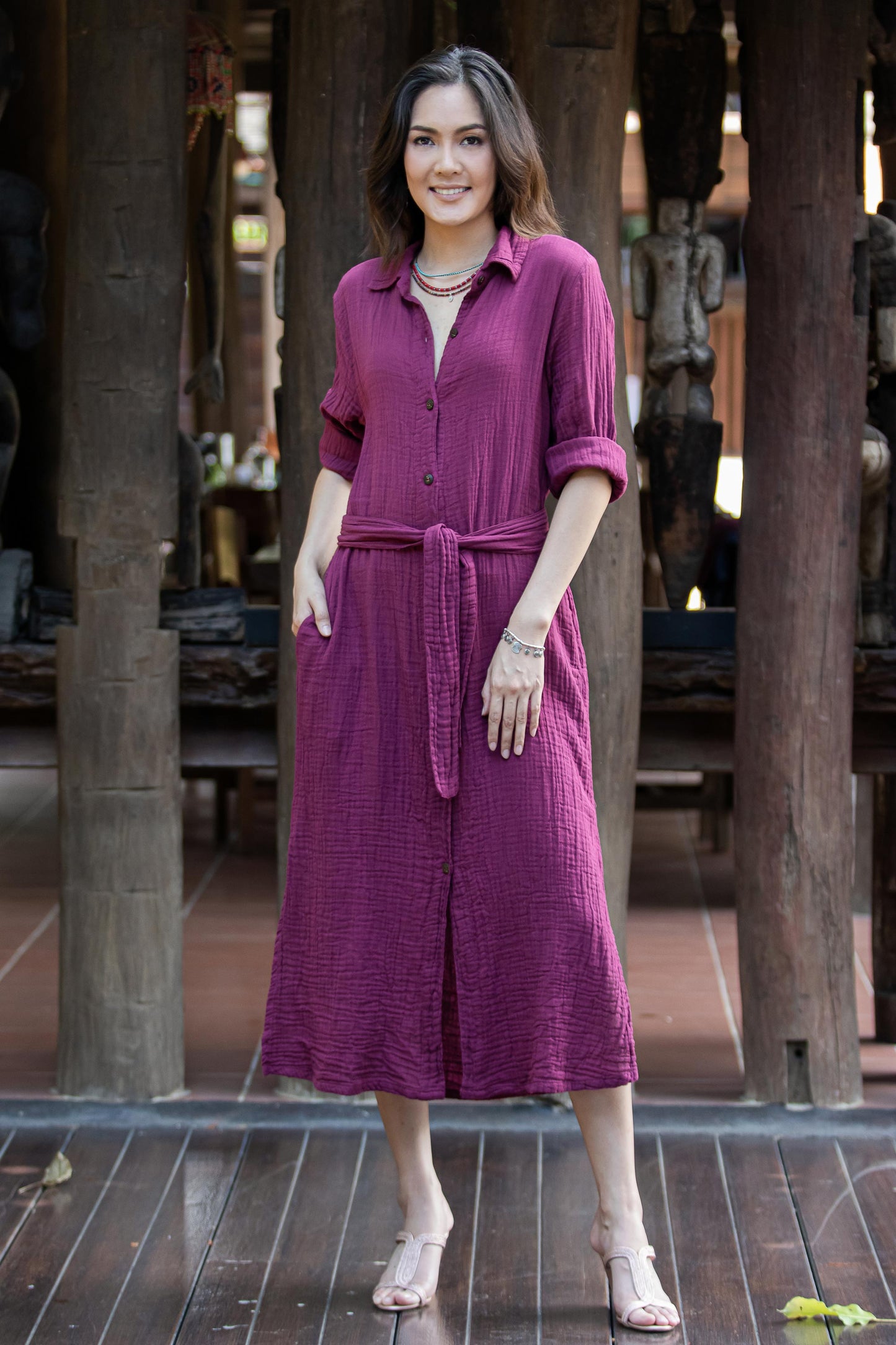 Street Smarts in Maroon Handmade Belted Cotton Shirtwaist Dress from Thailand