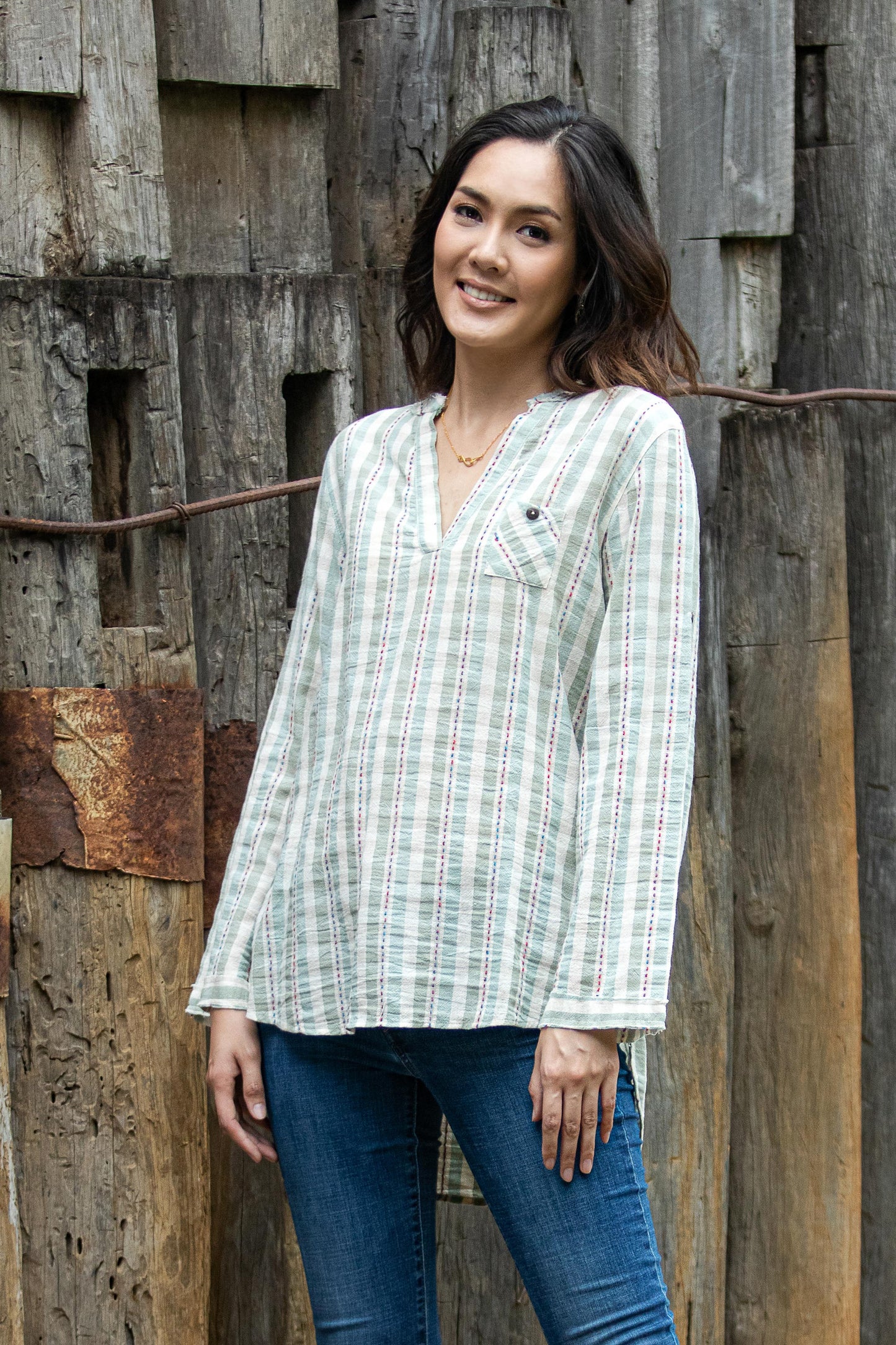 Mae Ping Breeze Green Striped Cotton Blouse