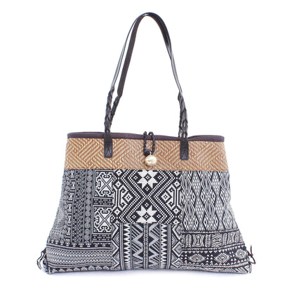 Shopping Day in Black Cotton Blend Geometric-Motif Shoulder Bag