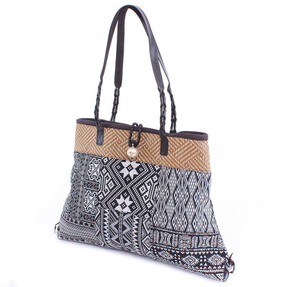 Shopping Day in Black Cotton Blend Geometric-Motif Shoulder Bag